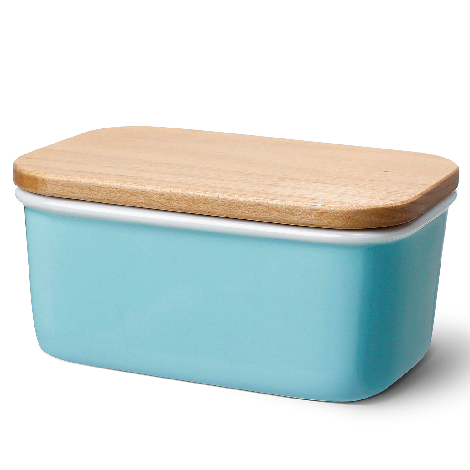 Turquoise Large Butter Dish with Beech Wooden Lid， Set of 1