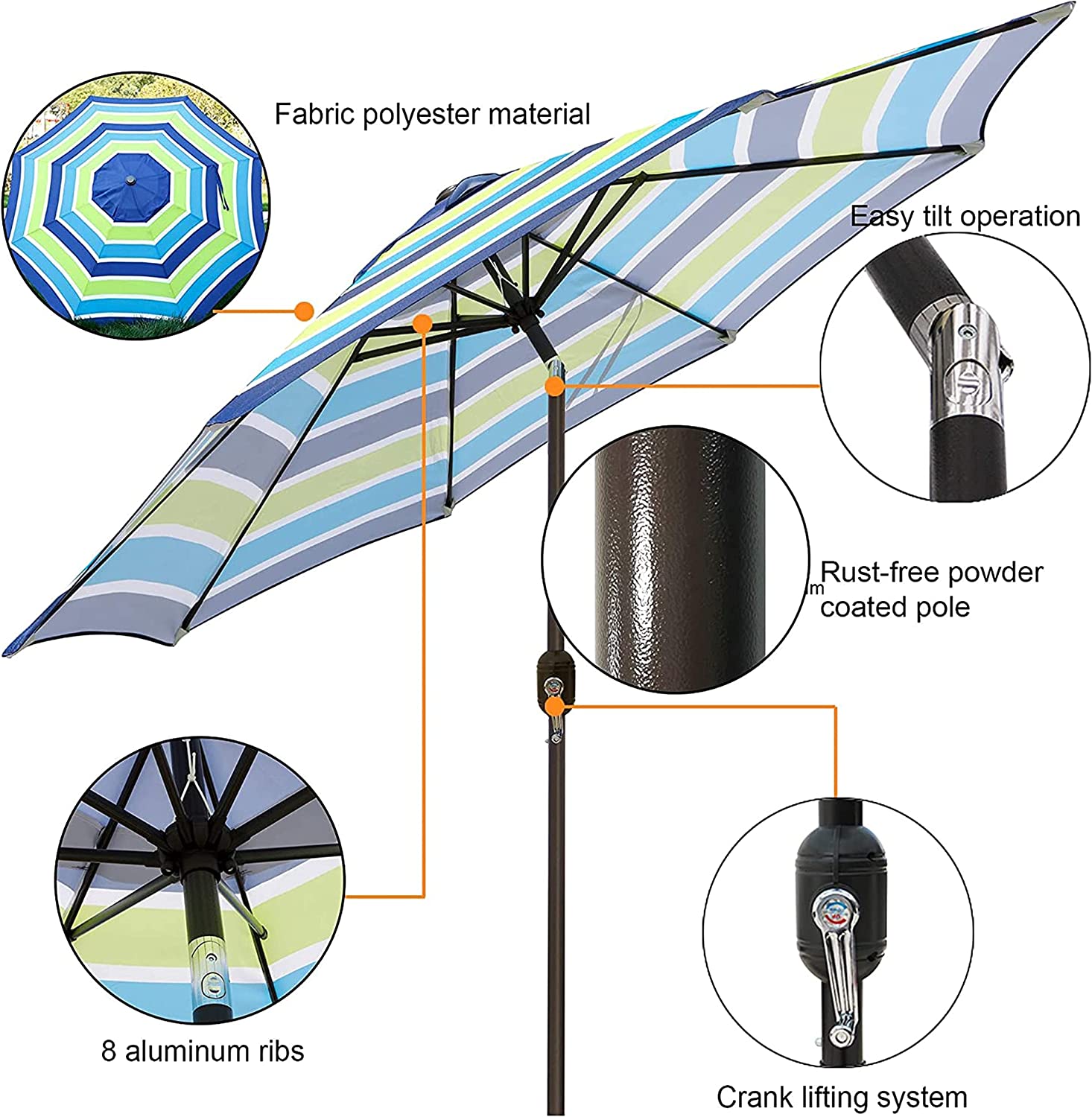 9' Outdoor Market Patio Umbrella with Push Button Tilt and Crank, 8 Ribs (Tan)