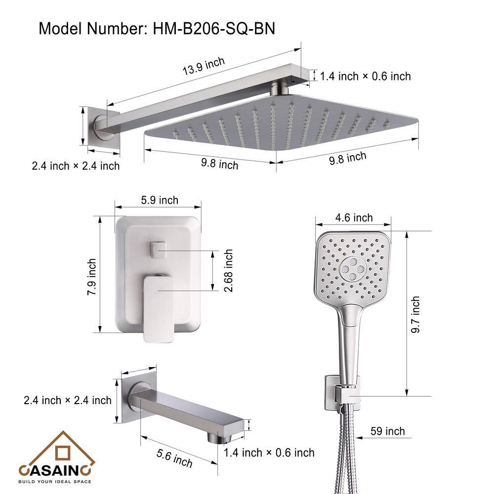 CASAINC 3-Spray Patterns with 9.8 in. Tub Wall Mount Dual Shower Heads in Spot Resist Brushed Nickel HM-B206-SQ-BN