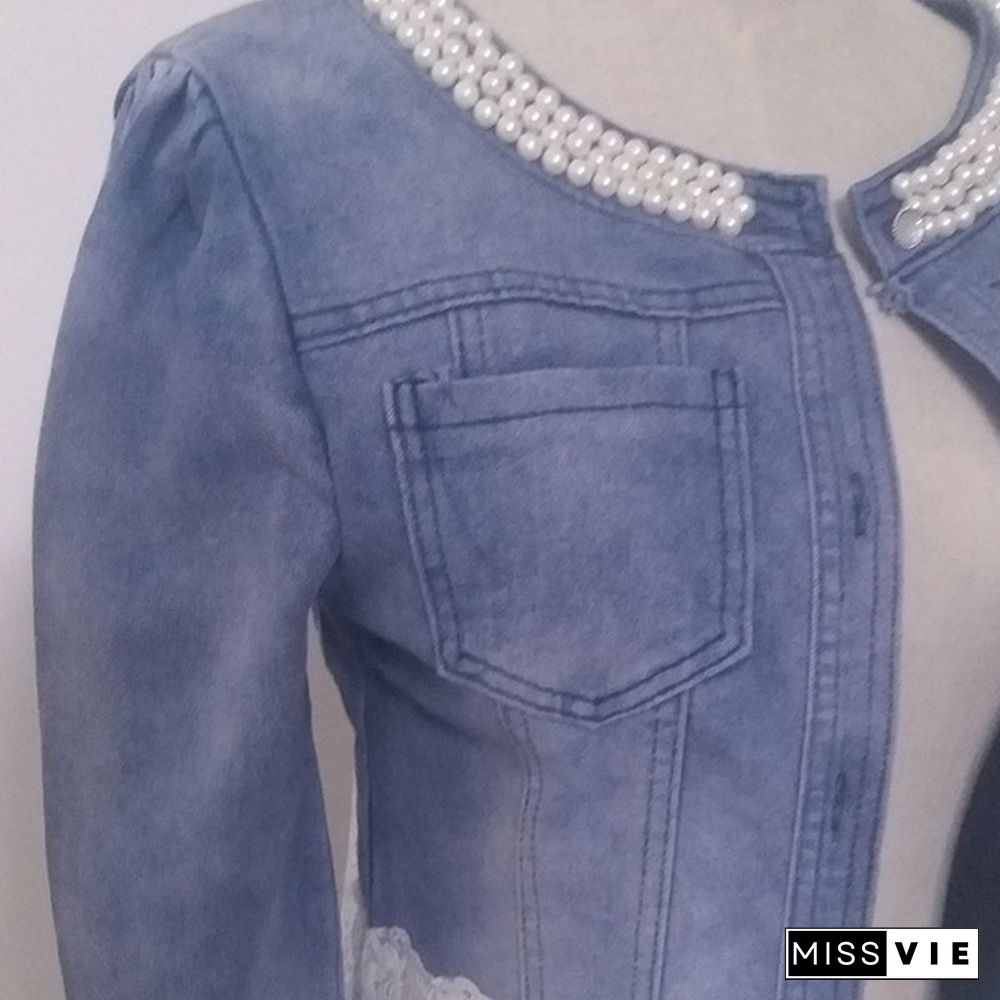 New Women Casual Denim Jacket Pearl Lace Splice Jean Coat Spring Summer Autumn Women Fashion Splice Coat Lace Jacket