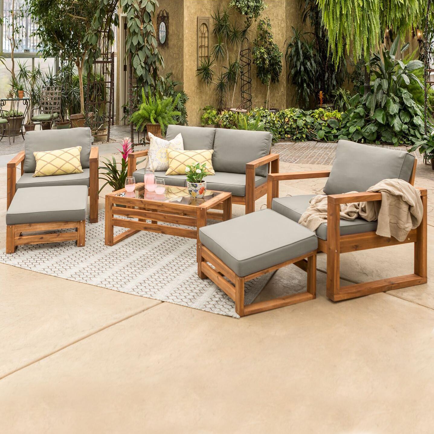 Ultimate Patio Window Bay 6 Piece Acacia Patio Conversation Set W/ Gray Cushions