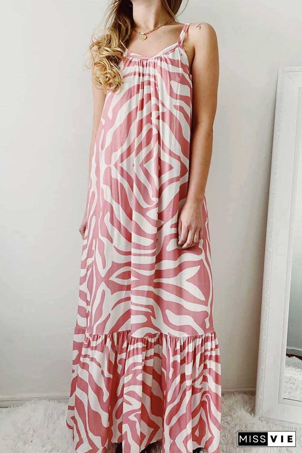 Casual Print Split Joint Spaghetti Strap Straight Dresses