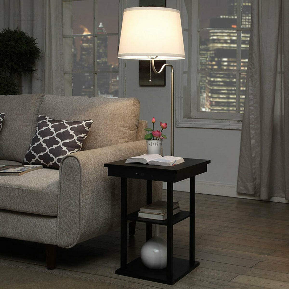 Costzon Floor Lamp, Swing Arm Lamp w/Shade Built in End Table Includes 2 USB Ports (White Shade)