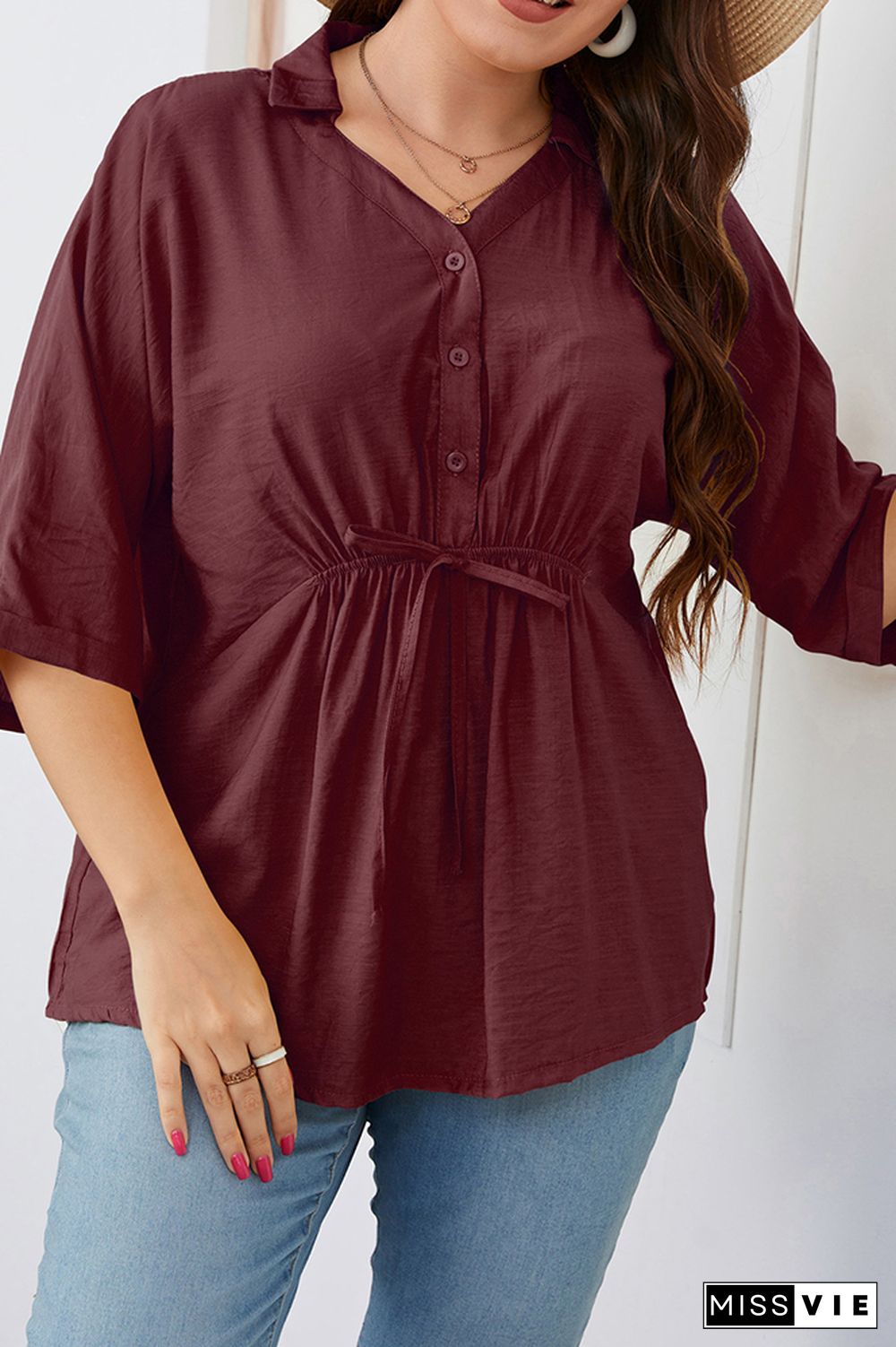 Button Down Front Tie Frill Plus Size Top Wholesale