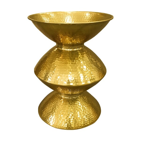 21 Inch Round Aluminum Side End Table， Hammered Embossed Metal Surface， Turned Pedestal Base， Gold Brass Finish