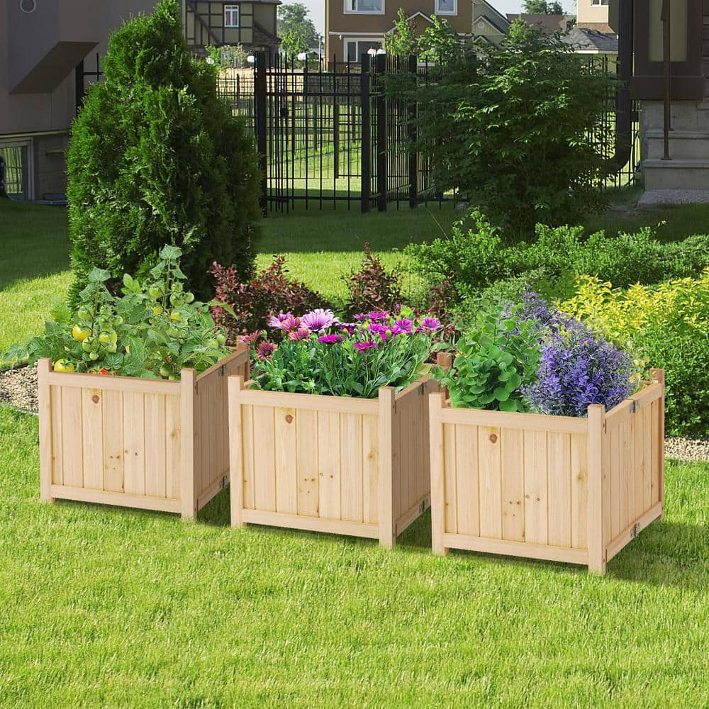 HONEY JOY Fir Wood Raised Garden Bed Outdoor Elevated Planter with Drainage Hole Folding Square Planter Box TOPB006703