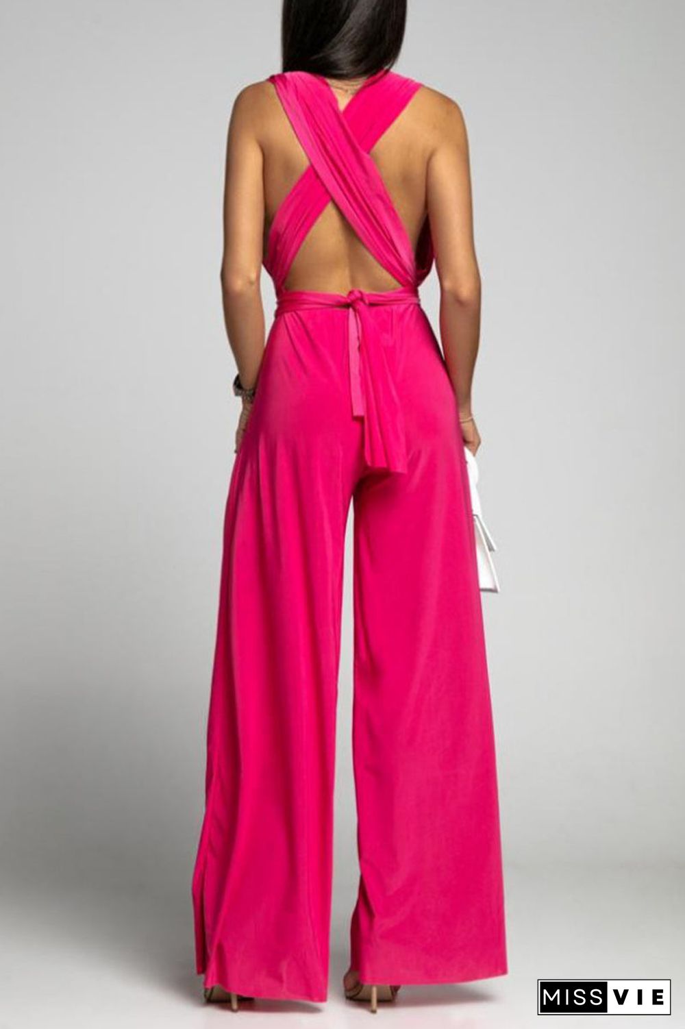 Casual Elegant Solid Backless Cross Straps V Neck Jumpsuits