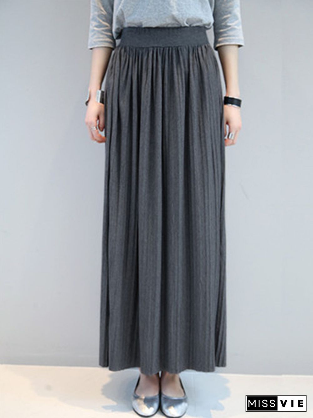 Casual Solid Color Elasticity Waist Pleated Skirts