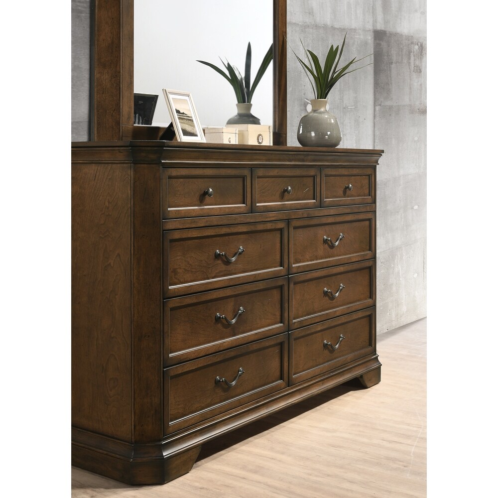 Roundhill Furniture Maderne Traditional Wood Panel Bed with Dresser  Mirror  Nightstand  Antique Walnut Finish