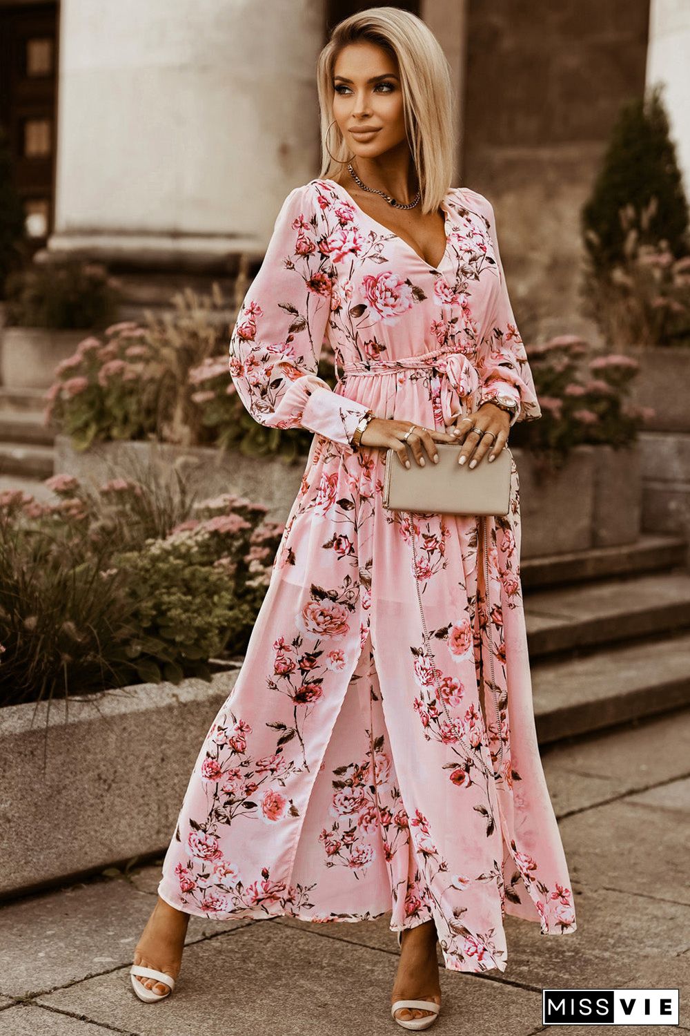 Pink Floral Long Sleeve Side Split High Waist Bohemia Maxi Dress