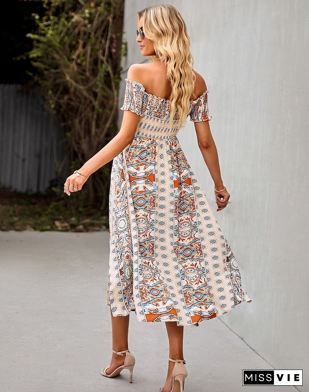 Elegant Floral Print Hem Split Dresses Women Summer Dress New Boho Holiday Slash Neck Short Sleeve Swing Midi Dress