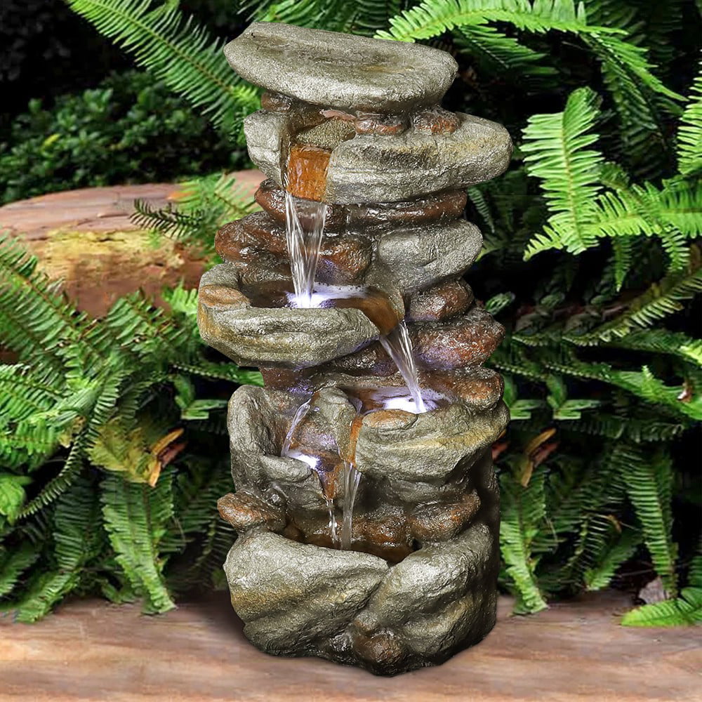 Watnature 4-Tier Rock Water Fountain with LED Lights - Outdoor Water Fountains Cascading Floor Water Feature Art Decor for Garden， Pation， Deck， Porch