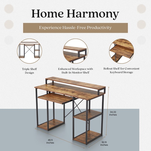 Jomeed Modern 46 5 Inch Computer Desk With Monitor Stand And Storage Shelves For Home Office Spaces Bedrooms Or Student Dorms Brown black