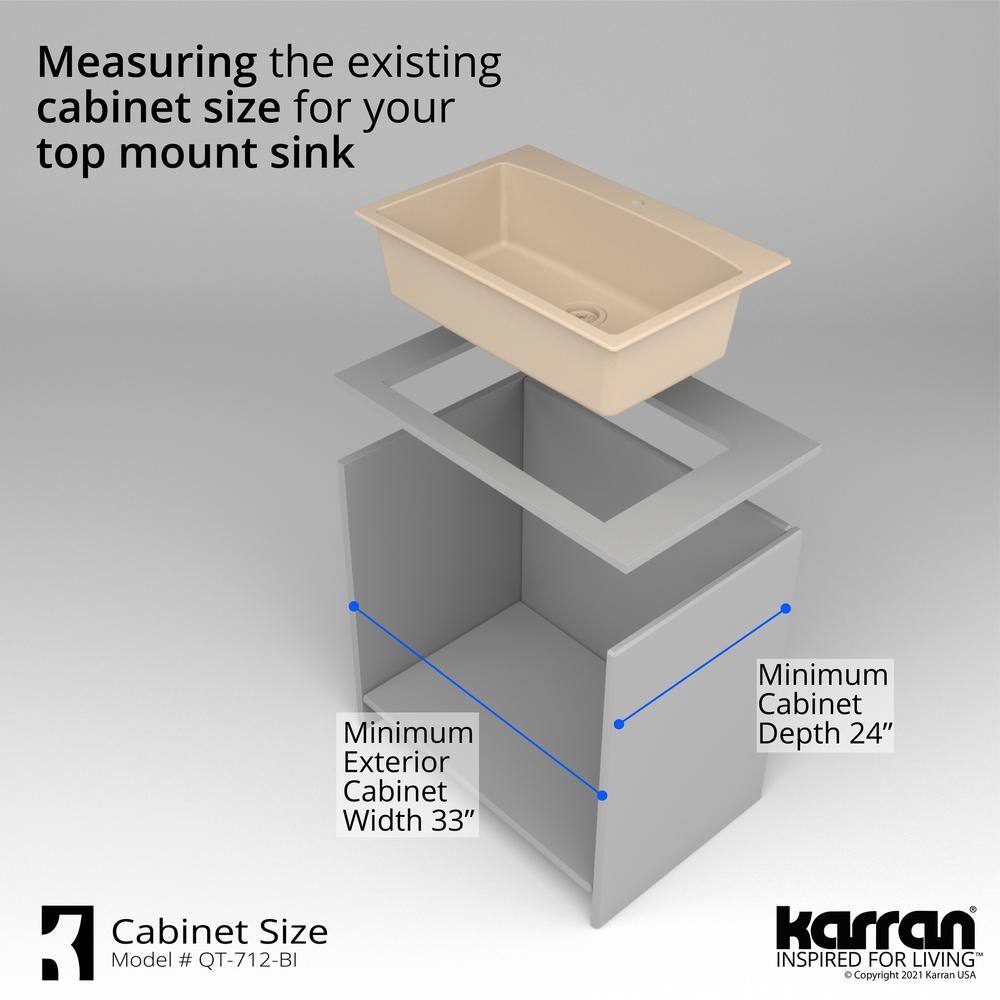 Karran QT-712 QuartzGranite 33 in. Single Bowl Top Mount Drop-In Kitchen Sink in Bisque with Bottom Grid and Strainer QT-712-BI-PK1