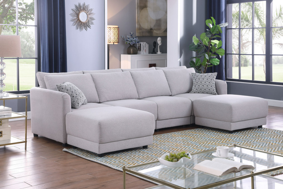 Penelope Light Gray Linen 4 Seater Sofa With 2 Ottoman and Pillows   Transitional   Sectional Sofas   by Kolibri Decor  Houzz