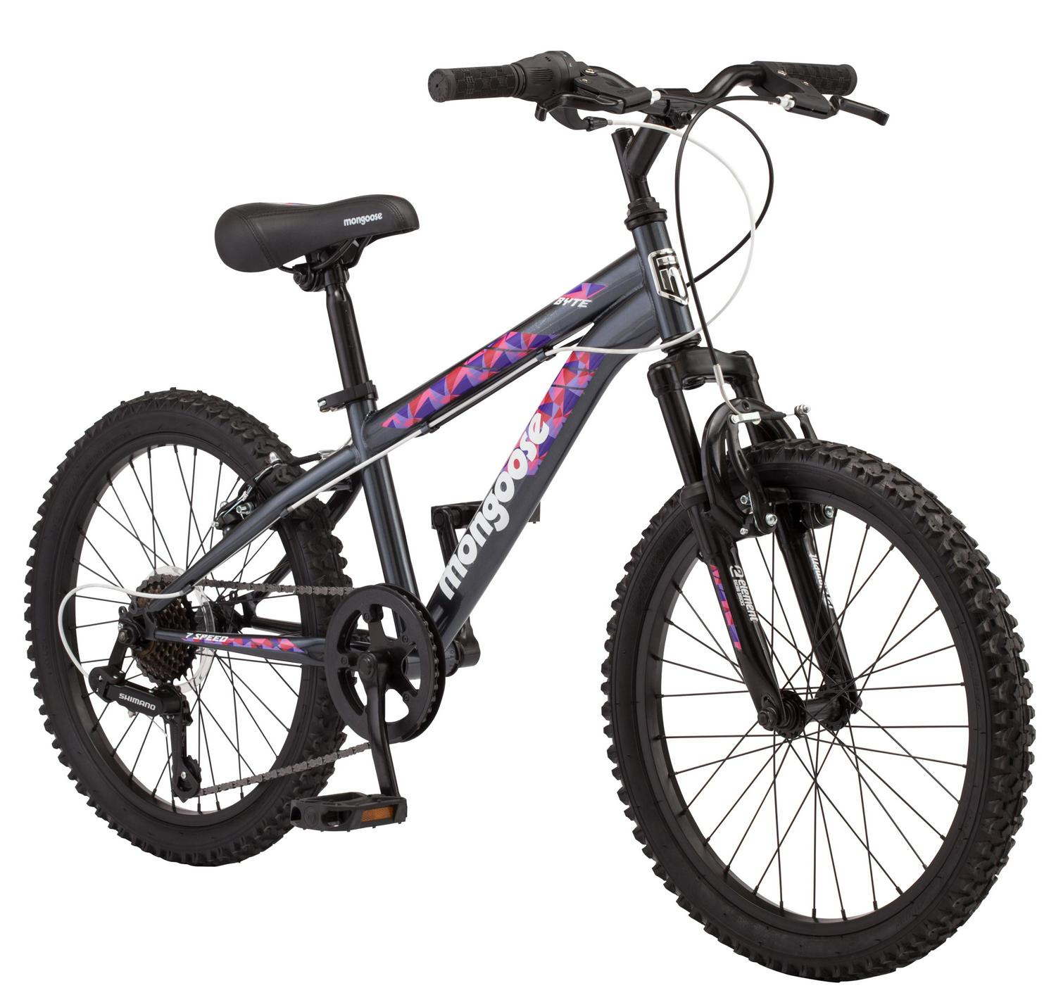 Mongoose Byte Mountain Bike， 20 wheels， 7 speeds， girls frame， ages 6 and up， Grey