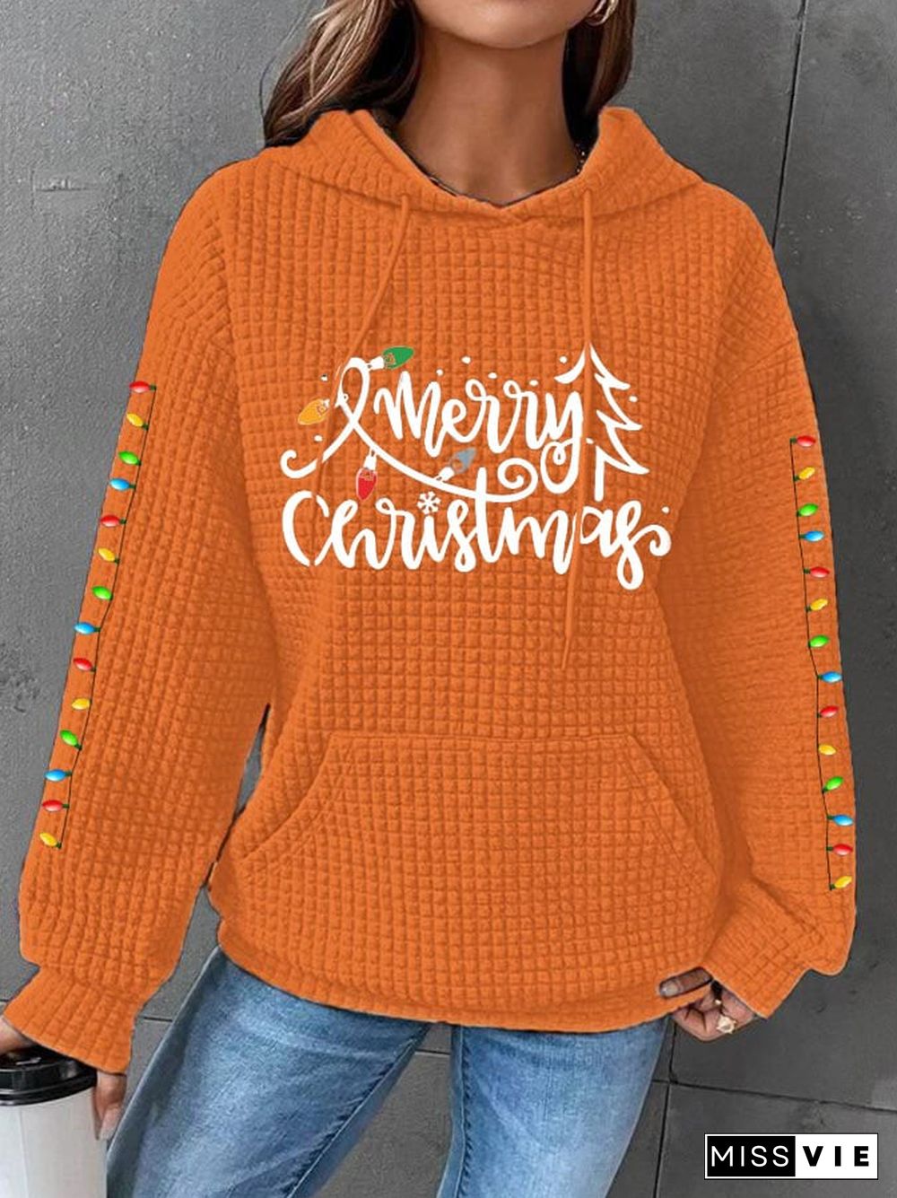 Women's Merry Christmas Christmas Tree Casual Waffle Hoodie