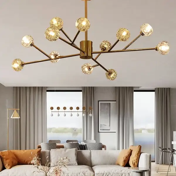 Retro Brass Sputnik Crystal Ball Shade Branches Chandeliers Hanging Pendant Ceiling Light Polished Gold
