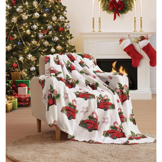 Kate Aurora Holiday Red Pickup Trucks Candy Canes amp Christmas Trees Accent Throw Blanket 50 In W X 60 In L