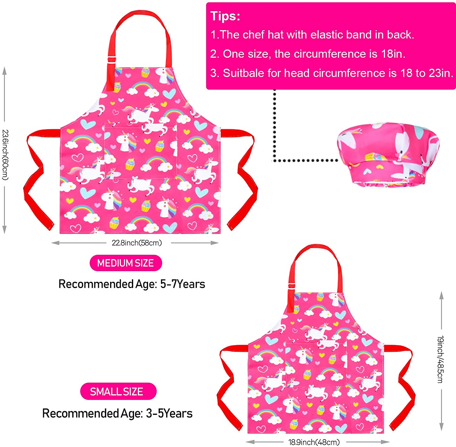 Sylfairy Aprons for Kids Girls with Hat and Big Pocket Kitchen Chef Aprons Smock for Cooking Baking and Gardening (Pink+Rose Red， S， 3-5Years)