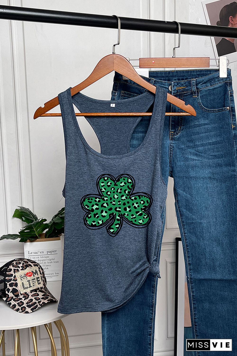 St Patricks Day,Leopard Shamrock Sleeveless Tank Top Wholesale