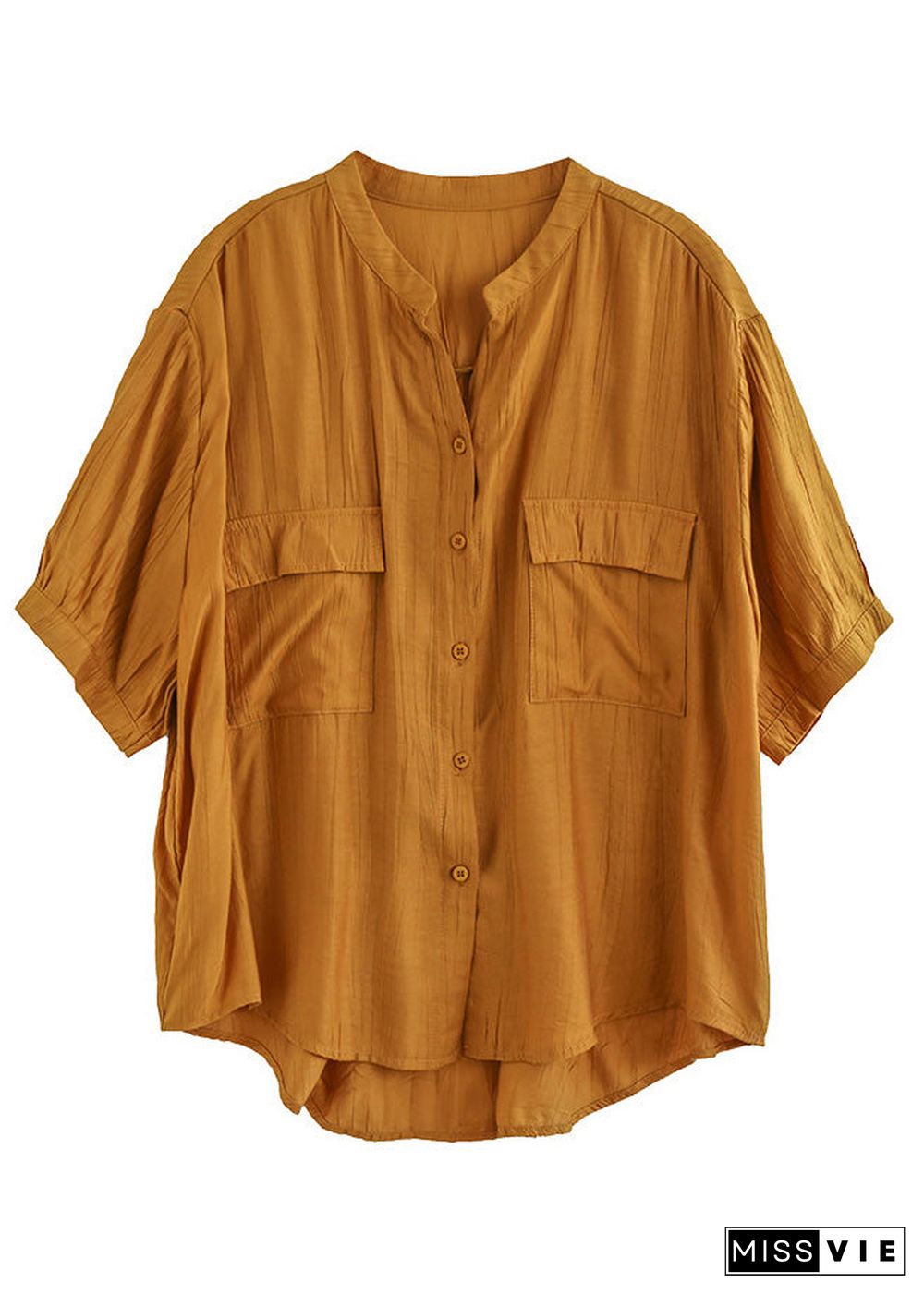 Italian Yellow V Neck Patchwork Button Solid Cotton Shirt Short Sleeve