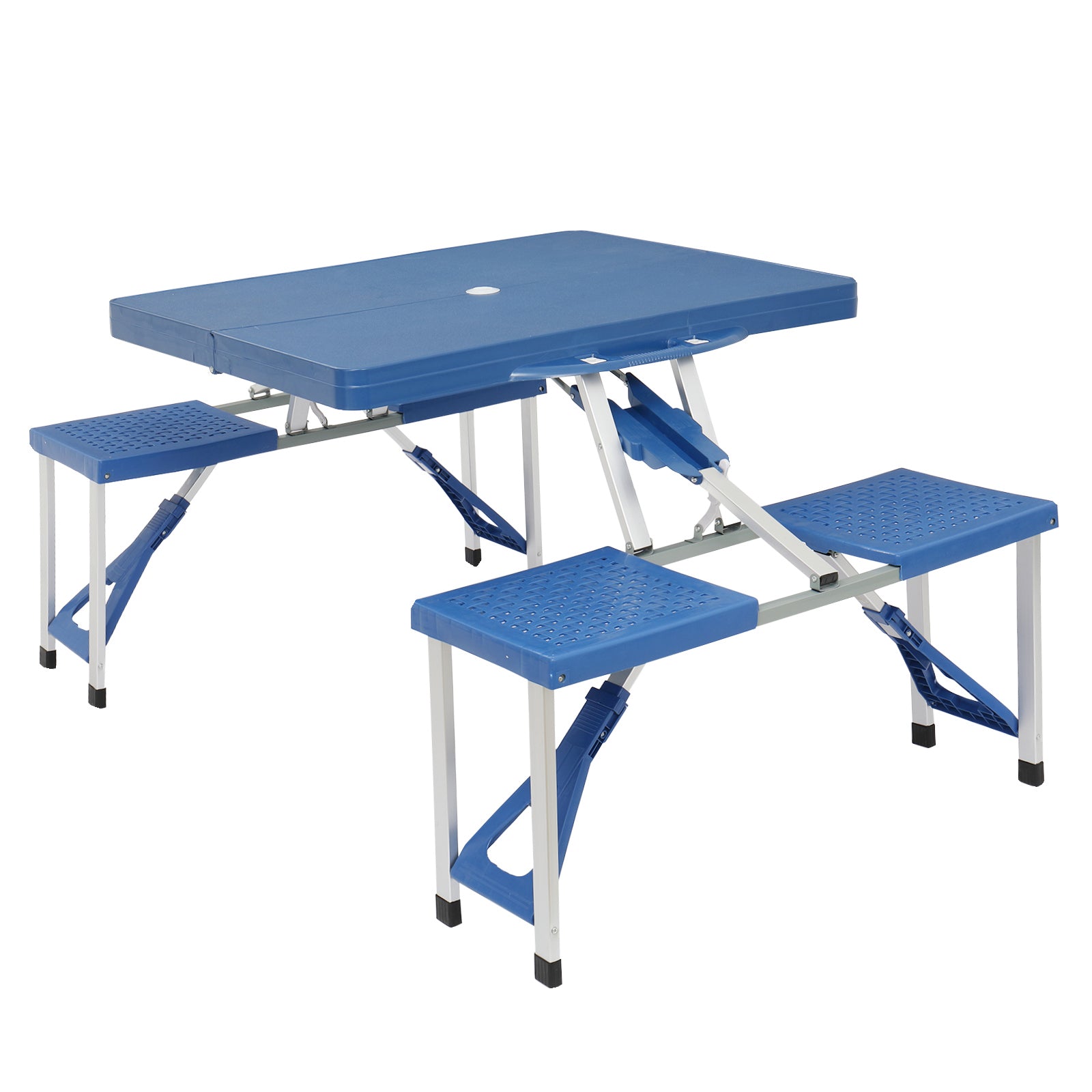 Kepooman Portable Folding Picnic Table and Chairs， Plastic Camping Suitcase Table with 4 Seats Set for Patio BBQ Travel Camping Gathering Indoor Outdoor， Blue