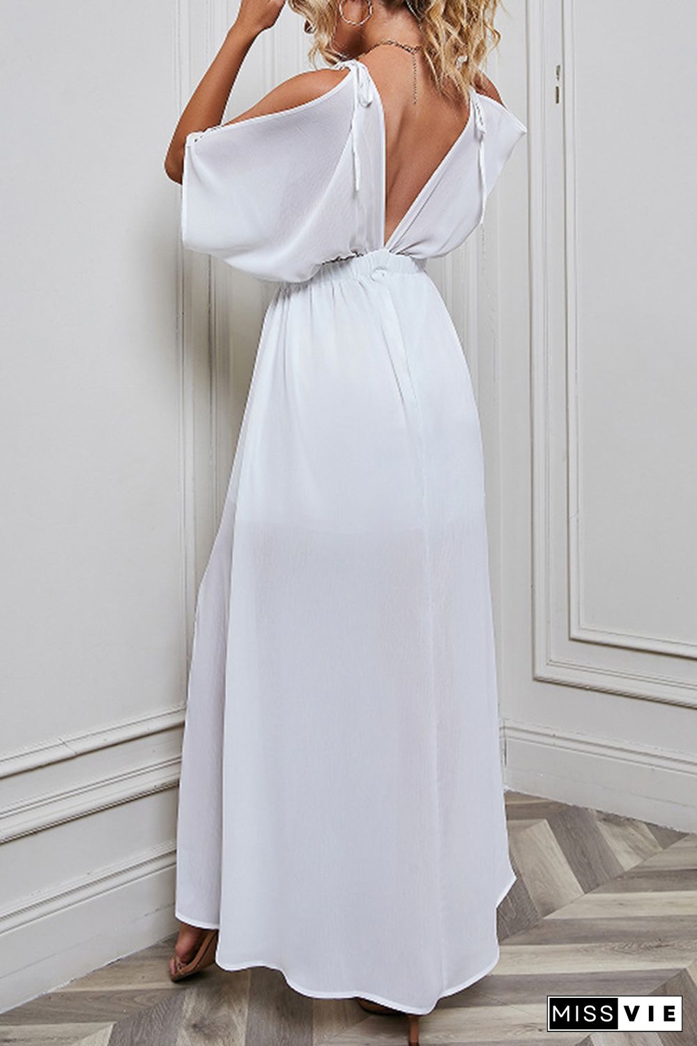 Cold Shoulder Deep V Neck Split Maxi Dress