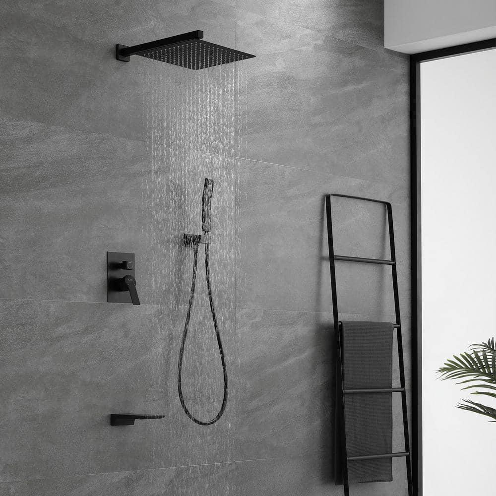 Boyel Living Wall Mount SingleHandle 1Spray Tub and Shower Faucet with 12 in Fixed Shower Head in Matte Black