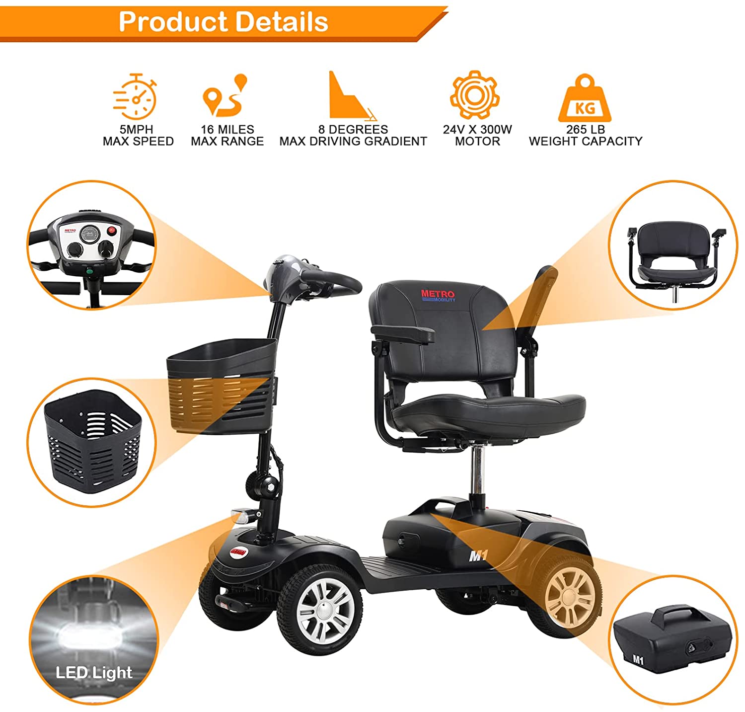 4 Wheel Folding Electric Mobility Scooter for Seniors Grey