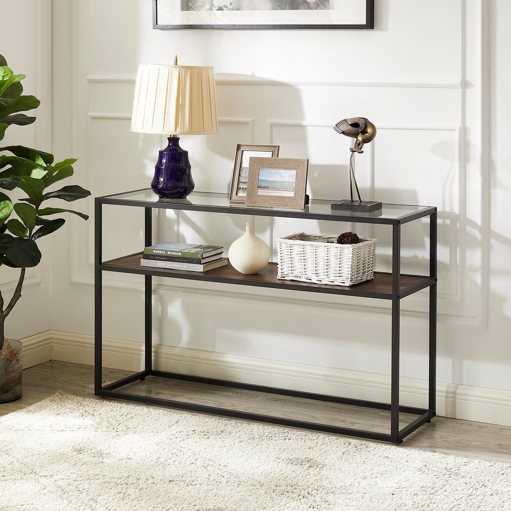 Walnut Modern Glass Console Sofa Table with 2 Tier Storage Shelves  Versatile Entryway and Living Room Furniture