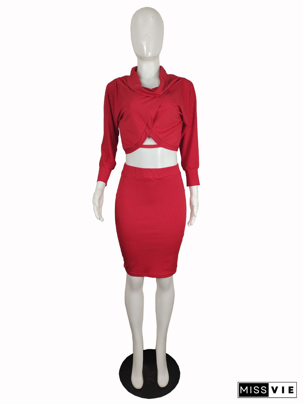 Solid Color Long Sleeve Irregular Hollow-out Top+Midi Skirt Set