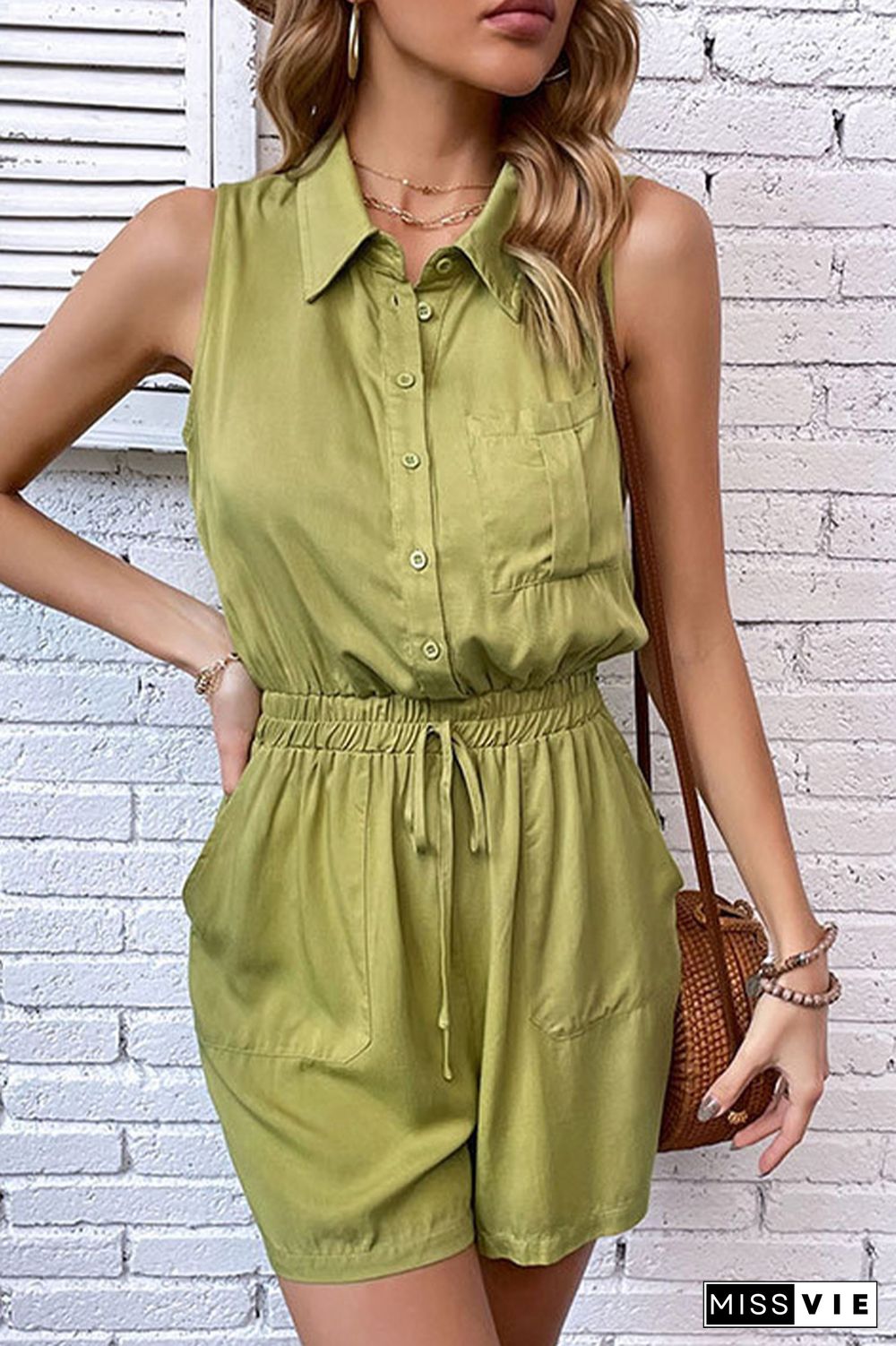 Green Sleeveless Button Up One Piece Romper