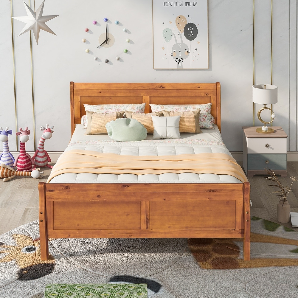 Full Wood Platform Sleigh Bed Frame with Headboard for Guest Living Room