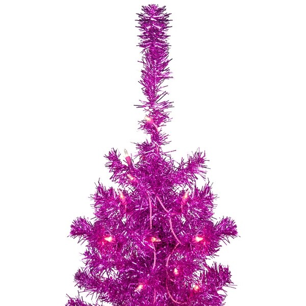 PreLit Pink Artificial Tinsel Christmas Tree Clear Lights