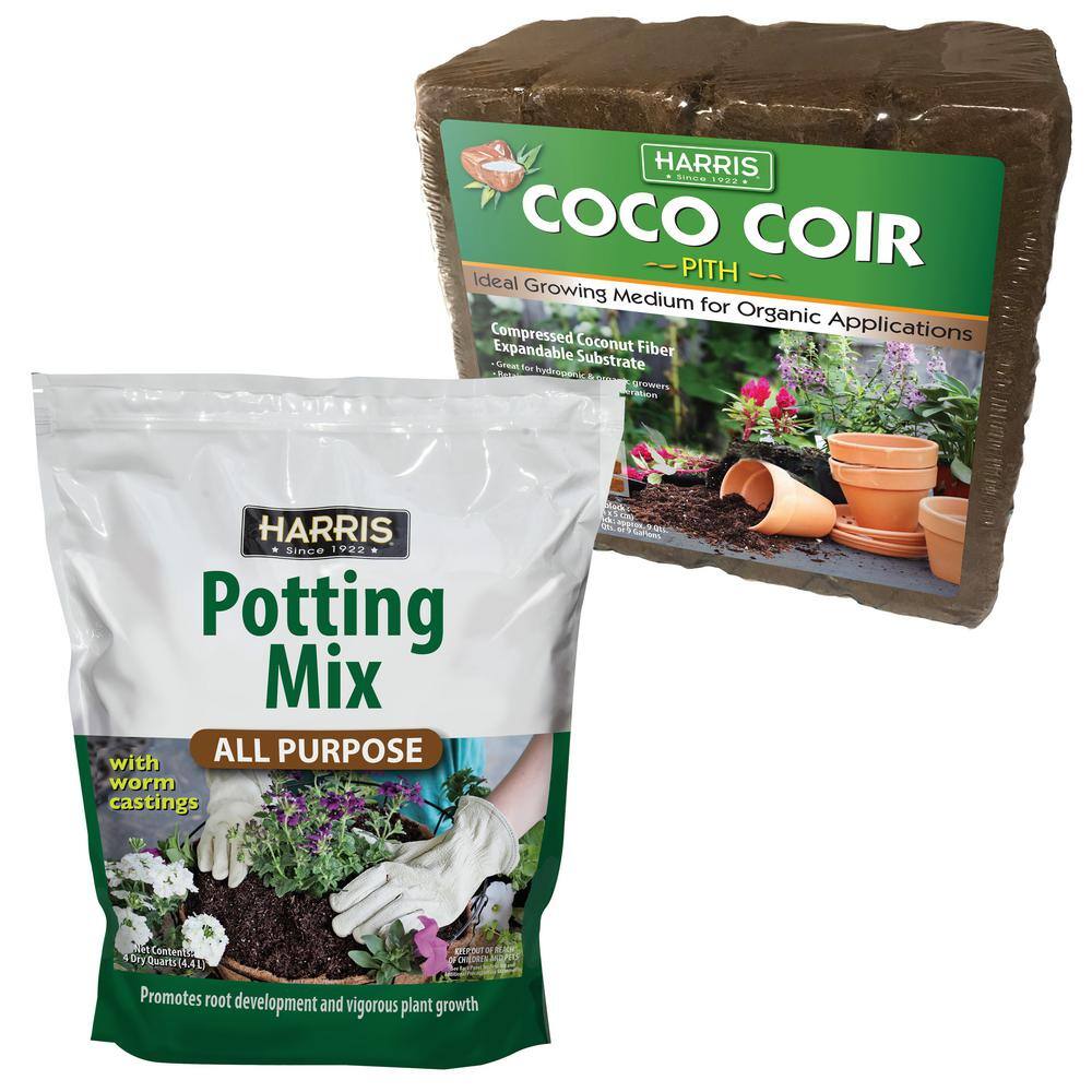 Harris 9 Gal. Expanding Coco Coir Pith (4 Brick pack)  4 Qt. All-Purpose Potting Soil Mix with Worm Castings COCO4-SOIL4