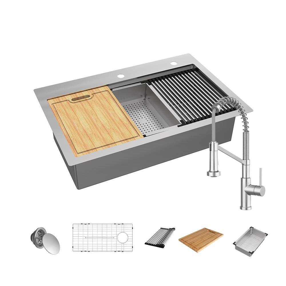 Glacier Bay AIO 33 in. Drop-inUndermount Single Bowl 18 Gauge Stainless Steel Workstation Kitchen Sink with FaucetCutting Board 4332F