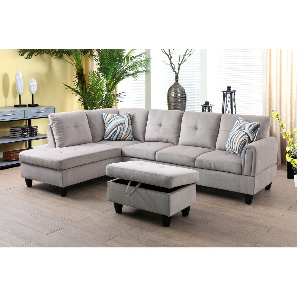 Fionaclare 3 Pieces Sectional Sofa Set Grey White Corduroy(09716)