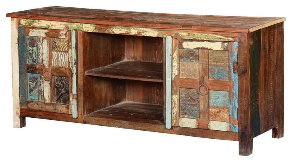 Frontier Rustic Hand Carved Reclaimed Wood TV Console Media Cabinet   Farmhouse   Entertainment Centers And Tv Stands   by Sierra Living Concepts Inc  Houzz