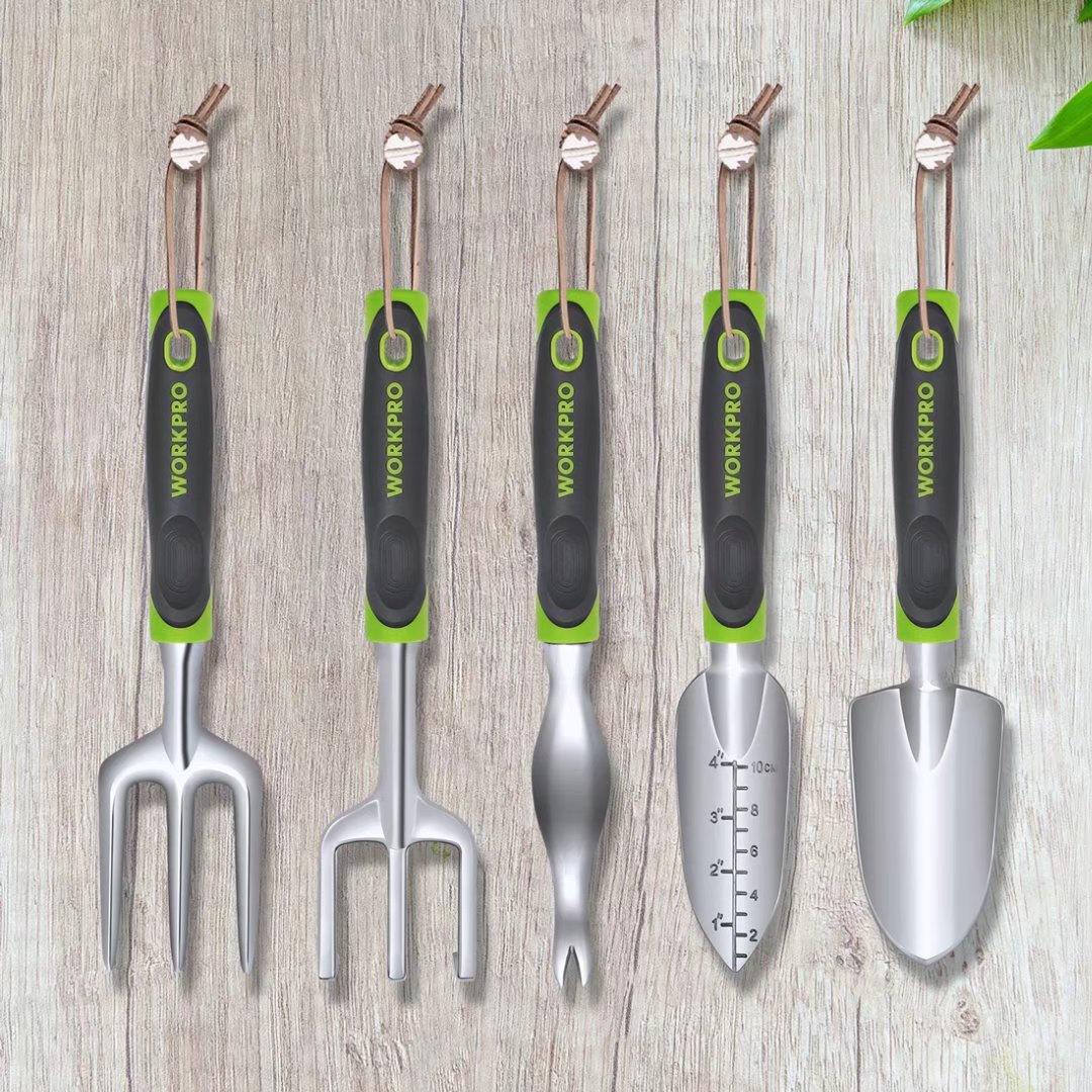 WORKPRO Garden Tool Set, 5 Pieces Gardening Work Gifts, Cast Aluminum Outdoor Hand Tools Kit for Men and Women, Including Trowel Transplanter Weeder Hand Fork Cultivator