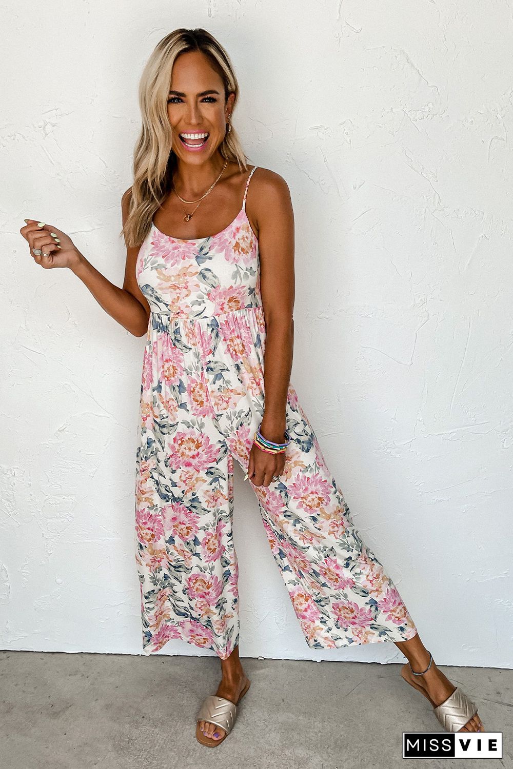 White Floral Spaghetti Straps Wide Leg Jumpsuit