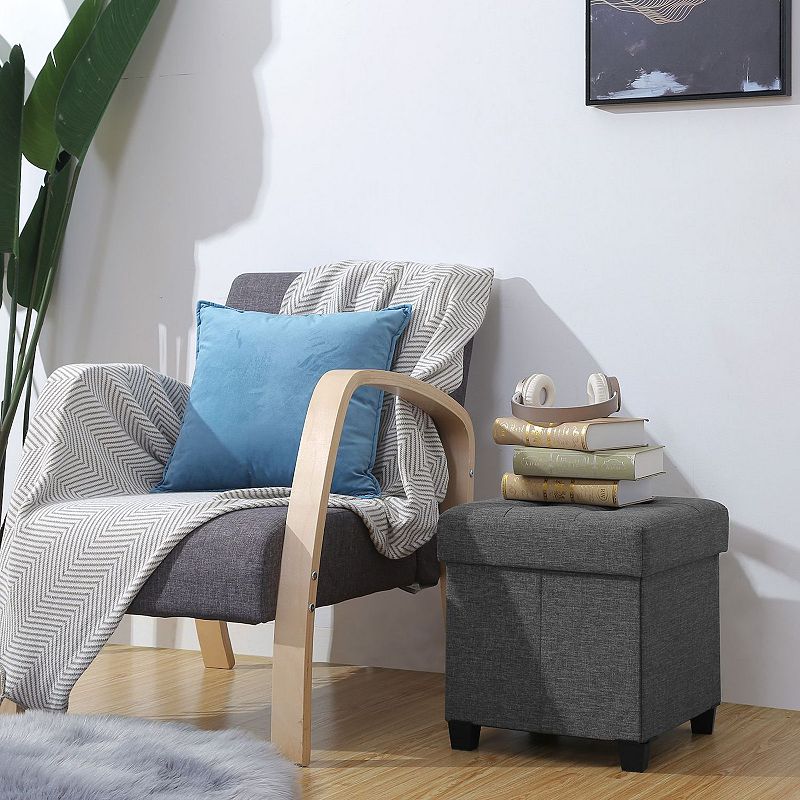 Collapsible Cube Storage Ottoman Foot Stool Comfortable Seat With Wooden Feet And Lid， Soft Padding