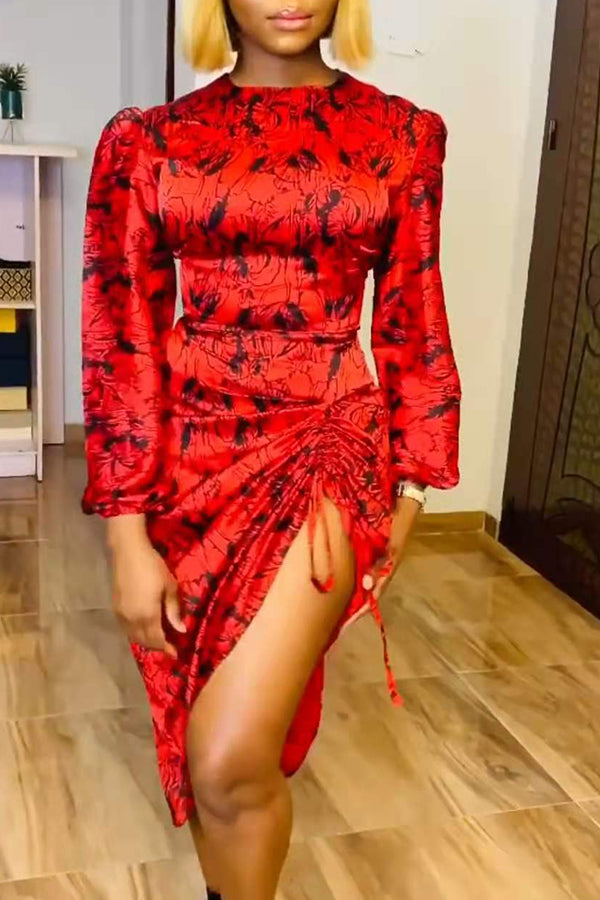 Elegant Round Neck Print Pleated Slit Midi Dress