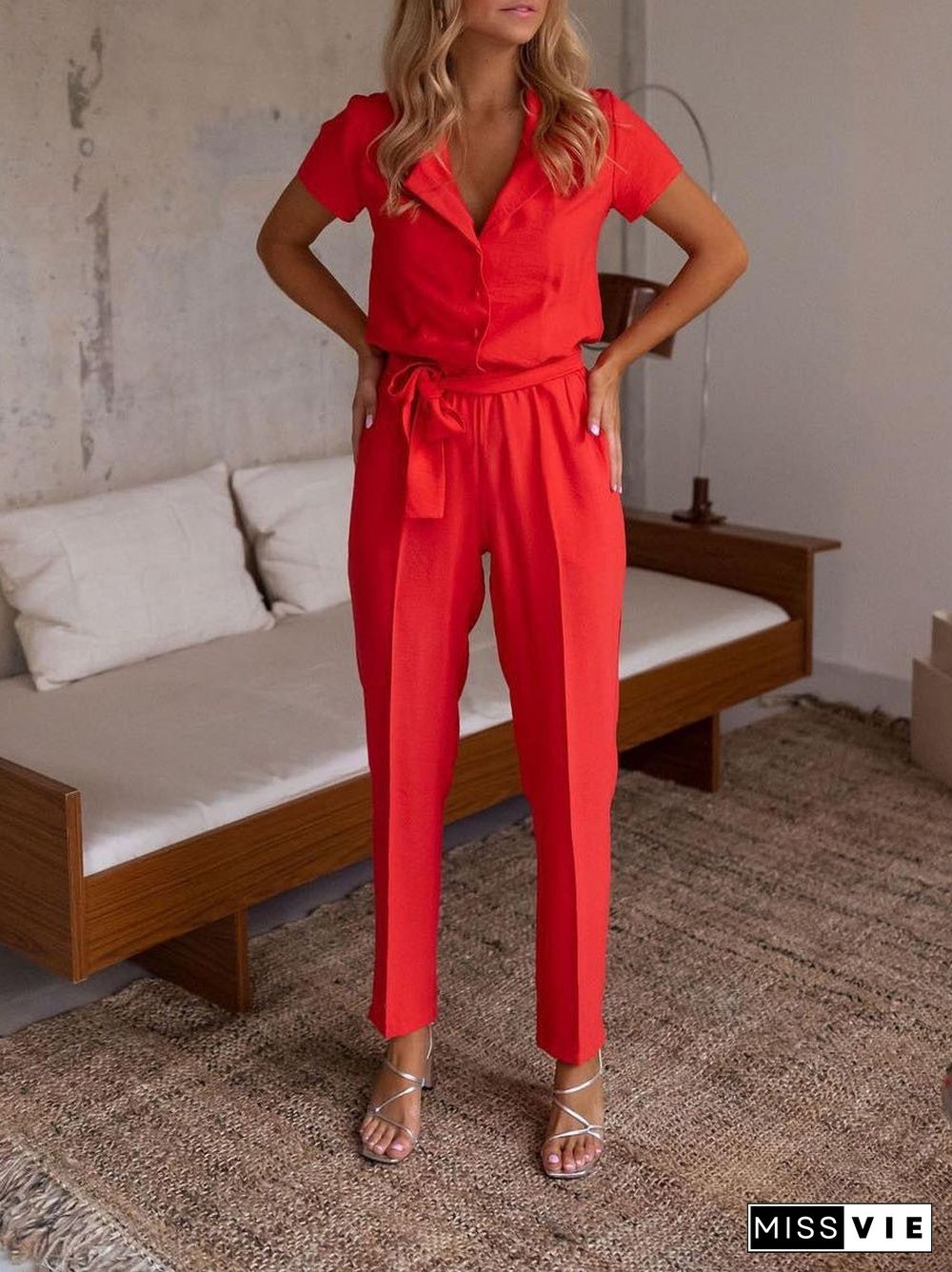 Women'S Jumpsuits Lapel Lace-Up Pocket Casual Jumpsuit