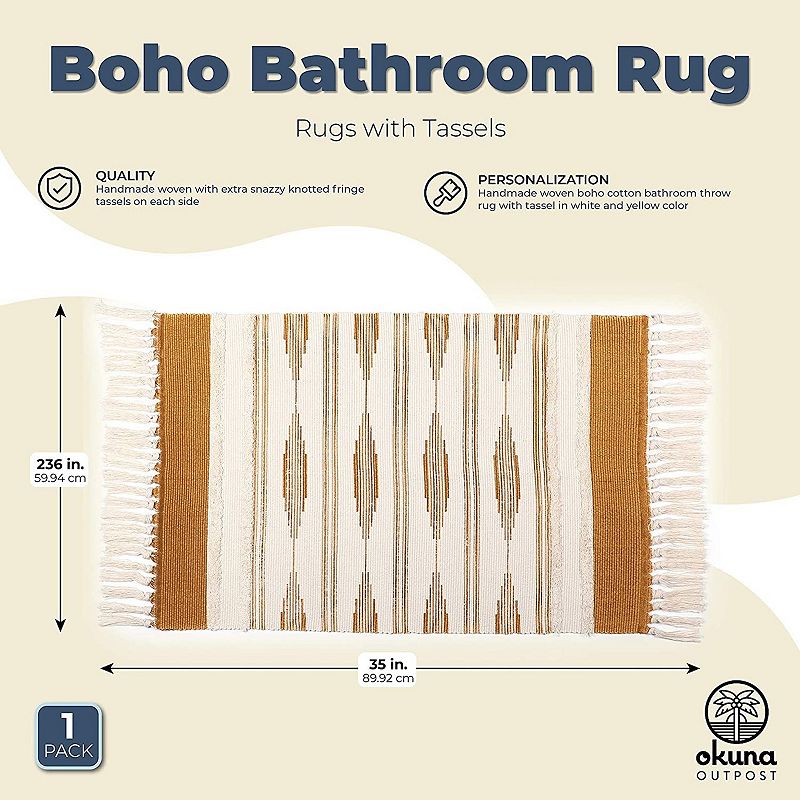 Yellow Bohemian Bathroom Rug with Tassels， Bohemian Style Mat (23.6 x 35 Inches)