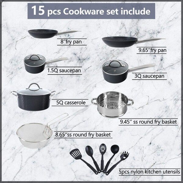 15 Piece Nonstick Kitchen Cookware Sets - Granite Hammered Pots and Pans Set， Induction and Dishwasher Safe (Black) - black