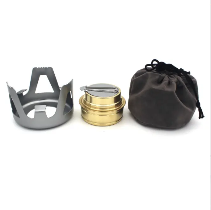 Safe Mini Outdoor Camping Alcohol Stove for Backpacking Lightweight Brass Spirit Burner with Aluminium Stand