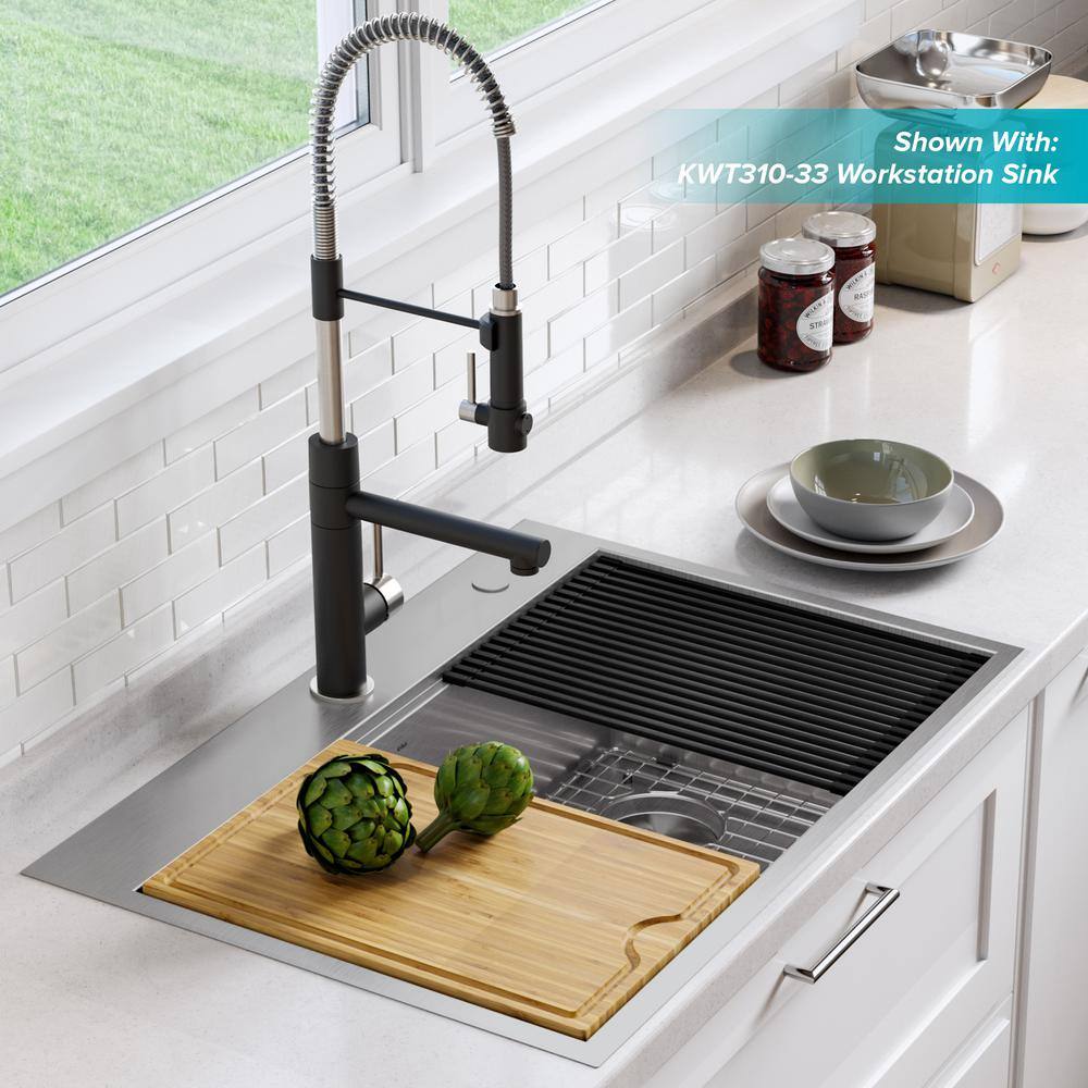 KRAUS Artec Pro Single-Handle Pull Down Sprayer Kitchen Faucet with Soap Dispenser in Stainless SteelMatte Black KPF-1603SFSMB-KSD-32MB