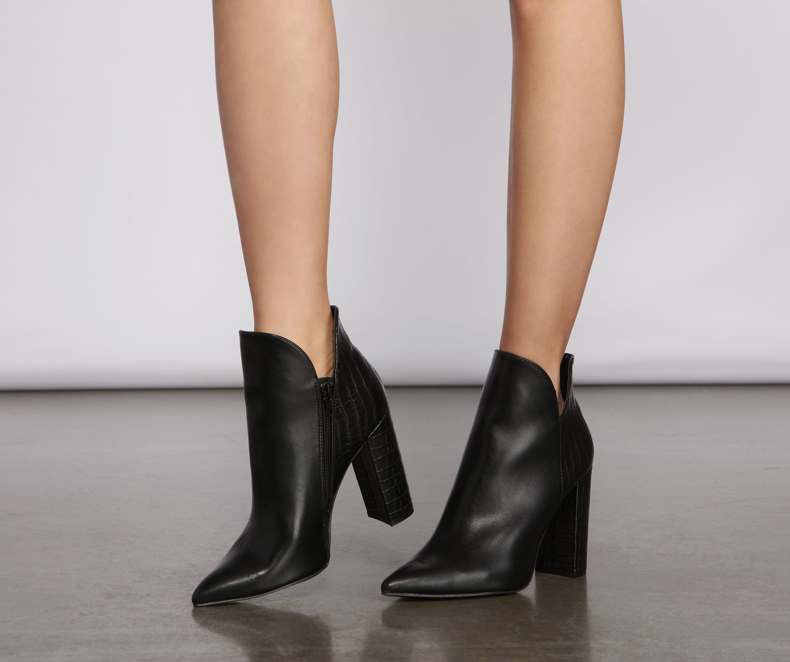 Snake-Embossed Faux Leather Block Heel Booties