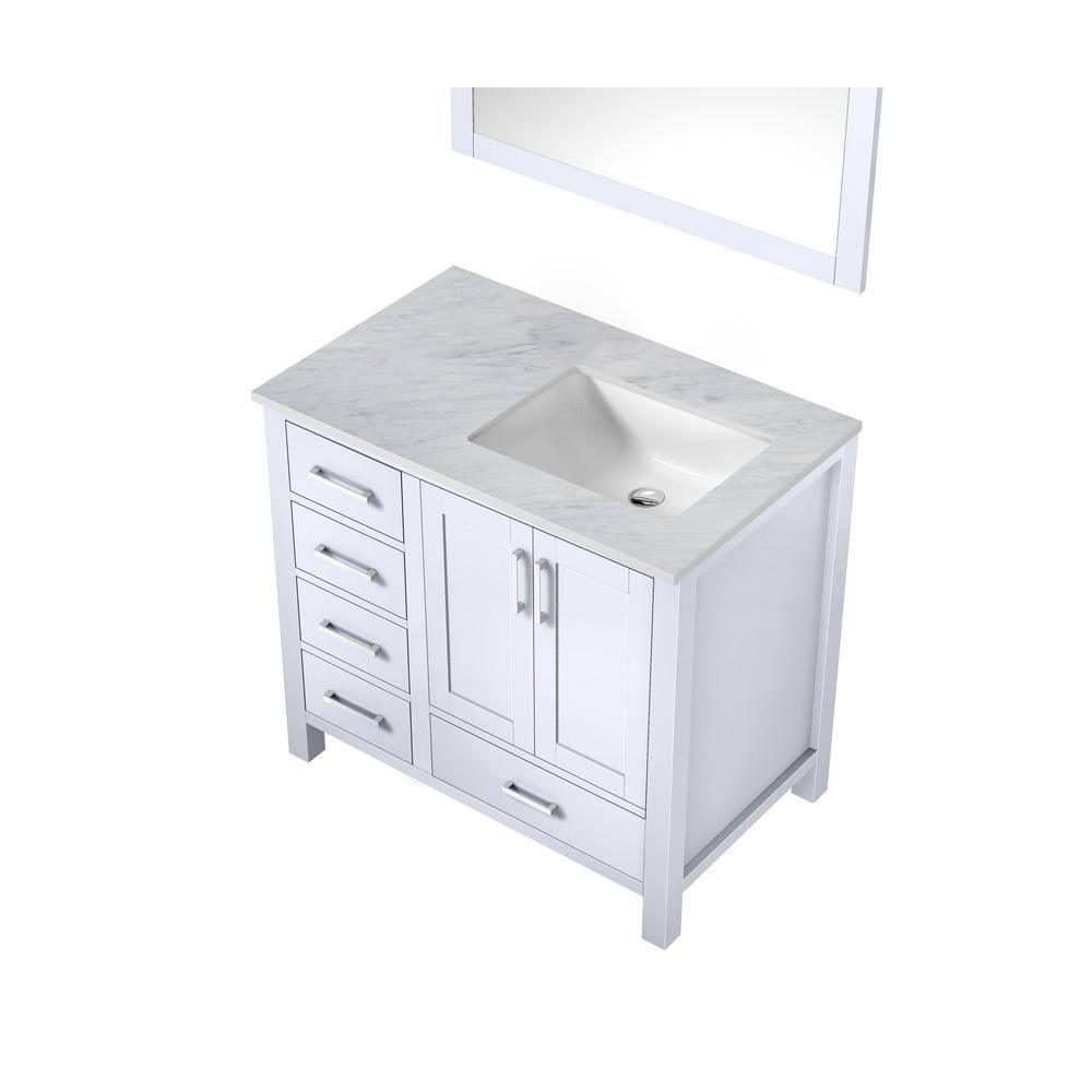 Lexora Jacques 36 in. W x 22 in. D Right Offset White Bath Vanity Carrara Marble Top and 34 in. Mirror LJ342236SADSM34R